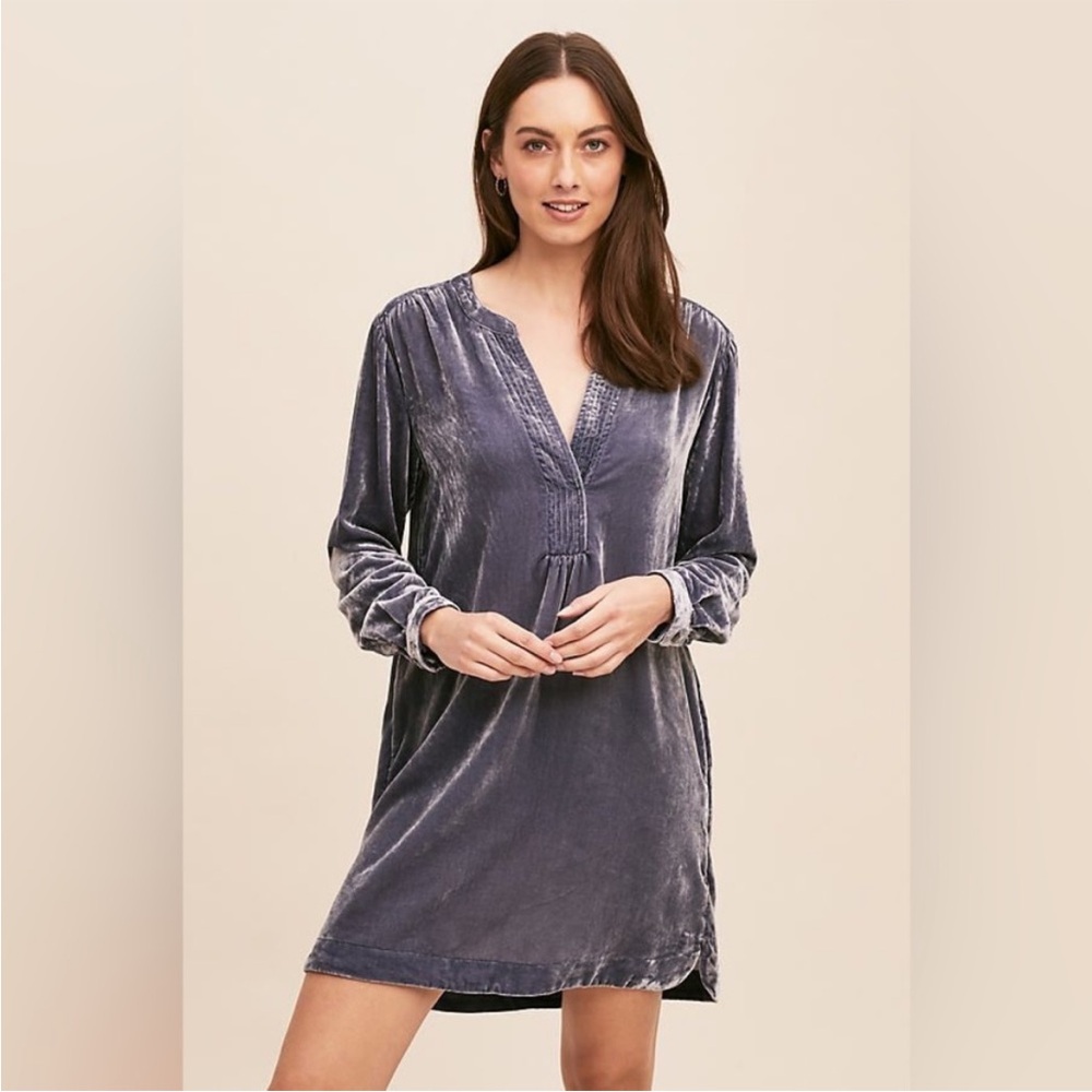 by Anthropologie Melody Velvet Long Sleeve Tunic Mini Dress Slate Grey XS
